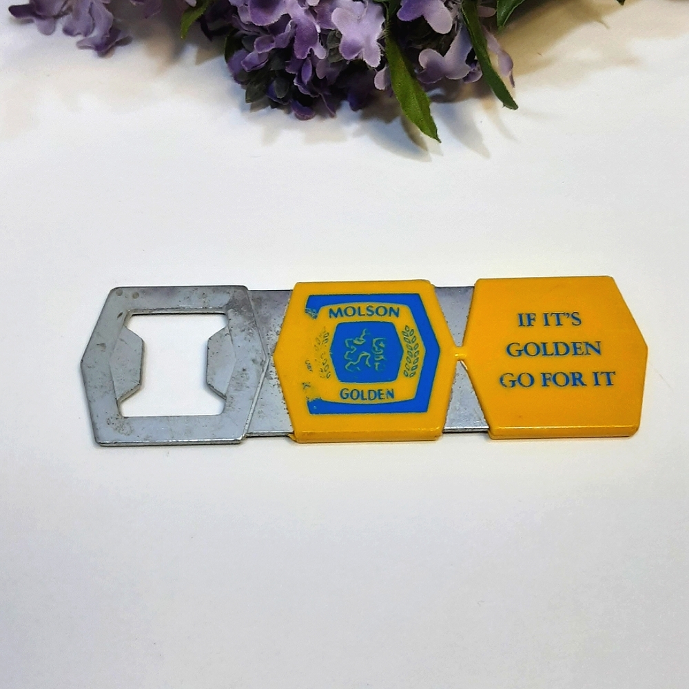 Vintage Beer Bottle Opener Molson Golden Yellow Blue Logo Breweriana Barware